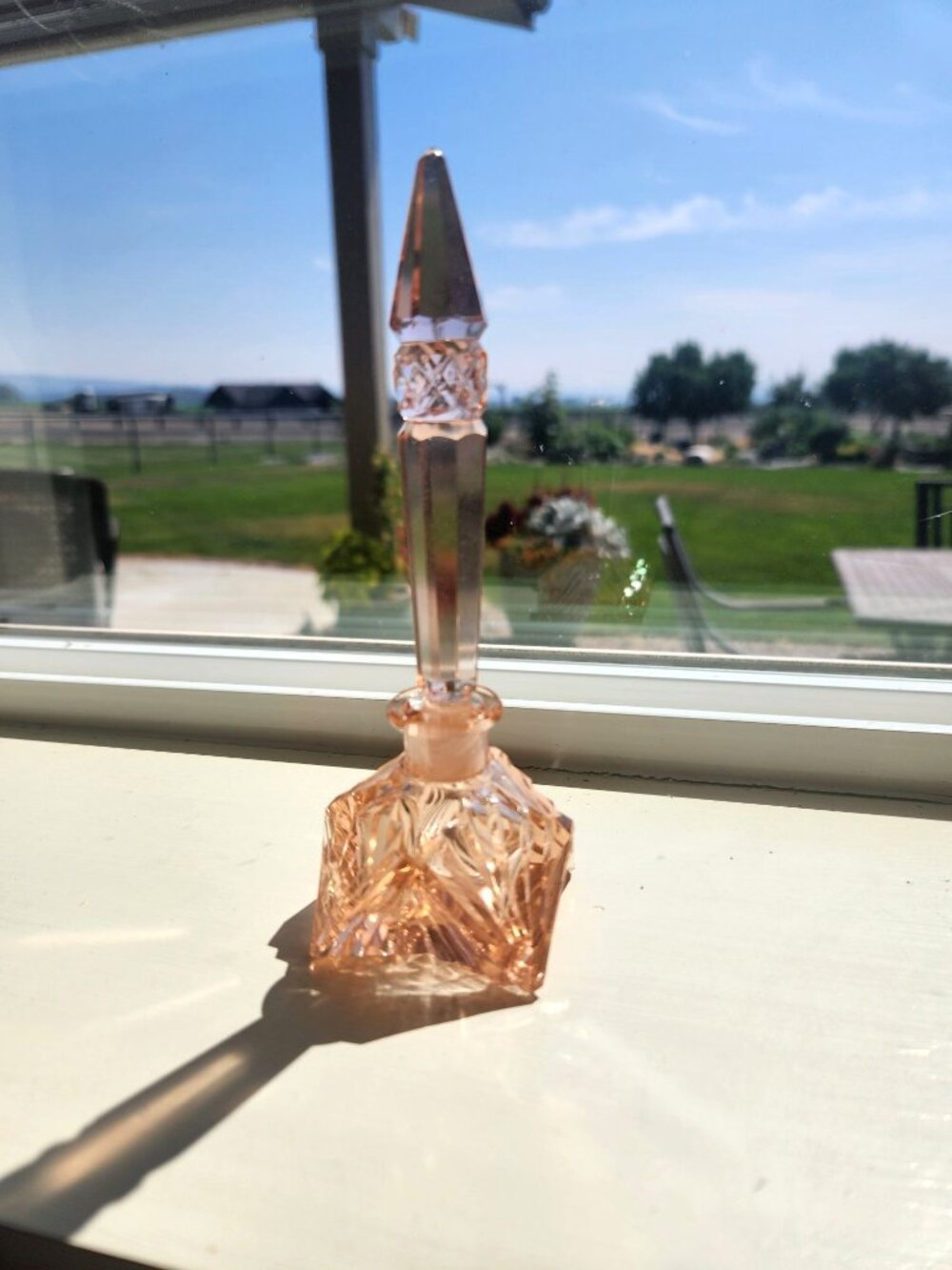Vintage Czech Crystal Perfume Bottle With Ornate Stopper Peach, Pink 6" Tall